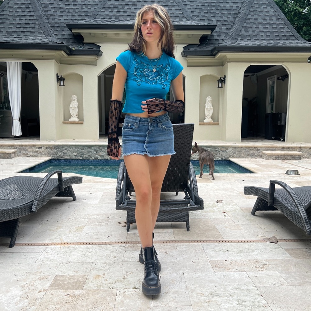 Blue Distressed Hydraulic Denim Mini Skirt